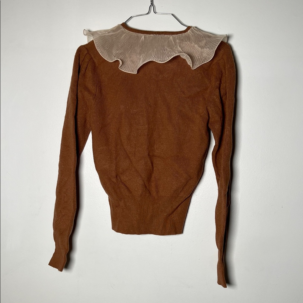 Zara Rust Brown Knit Top with Cream Ruffle Collar - Picture 6 of 7